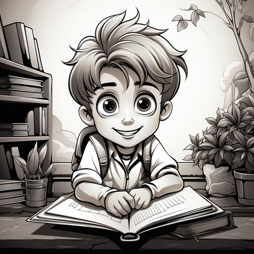 coloring page for kids, happy child reading a book, cartoon style, thick lines, no detail, no shading — ar 9:11 --v 5.2 --s 750