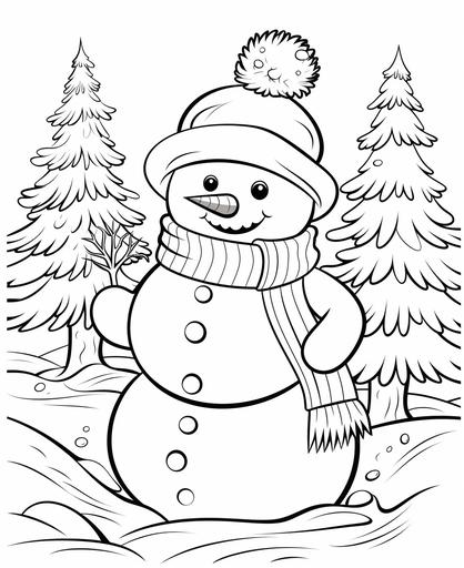 coloring page for kids, happy christmas snowman, cartoon style, thick lines, low detail, no shading --ar 9:11