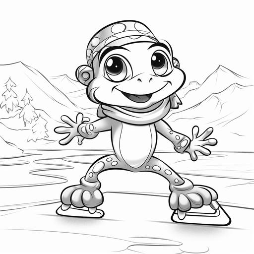 coloring page for kids, happy frog ice skating, cartoon style, thick lines, black and white, low detail, no shading