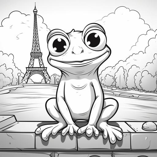 coloring page for kids, happy frog in Paris, cartoon style, thick lines, black and white, low detail, no shading