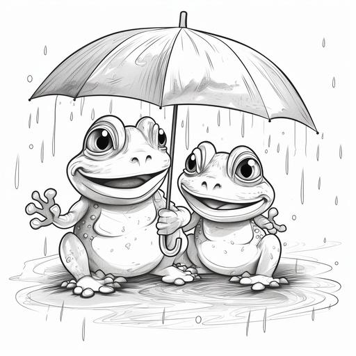 coloring page for kids, happy frogs holding umbrella in rain, cartoon style, thick lines, black and white, low detail, no shading--ar 9:11