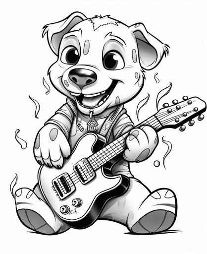 coloring page for kids, happy puppie pitbull playing guitar, heavy metal, central park, cartoon style, thick lines, low detail, no shading, --ar 9:11