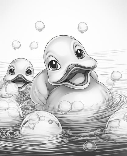 coloring page for kids, happy rubber ducks and bubbles, thick lines, no shading, --ar 9:11