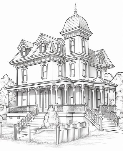 coloring page for kids, historic two story mansion , cartoon style, thick lines, low details, white background no shading --ar 9:11