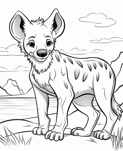 coloring page for kids, hyena, cartoon style, thick lines, low detail, no shading --ar 9:11