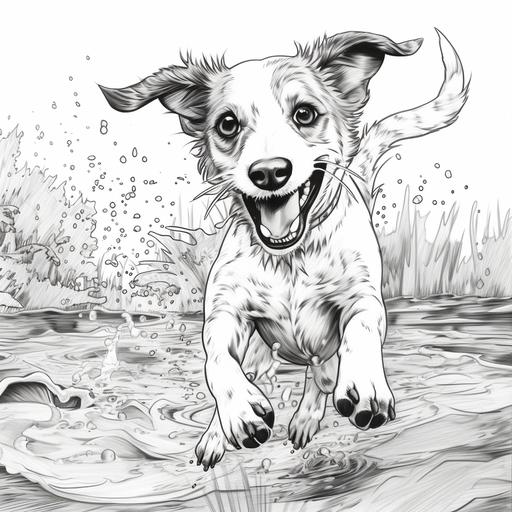 coloring page for kids, jack russel jumping in muddy puddles, low detail, no shading, black and white background- ar 9:11