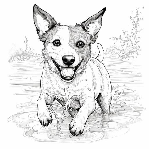 coloring page for kids, jack russel jumping in muddy puddles, low detail, no shading, black and white background- ar 9:11