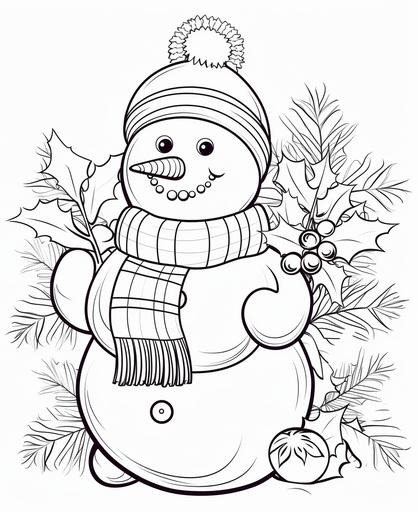 coloring page for kids, jolly christmas snowman, cartoon style, thick lines, low detail, no shading --ar 9:11