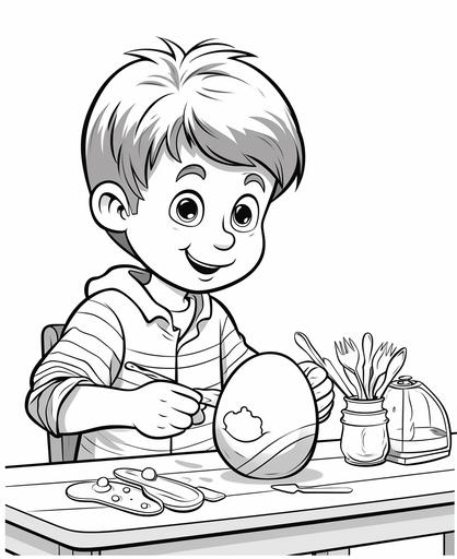 coloring page for kids, kid painting Eastern egg with painting brush at the kitchen table, white background, cartoon style, thick line, low detail, no shading --ar 9:11