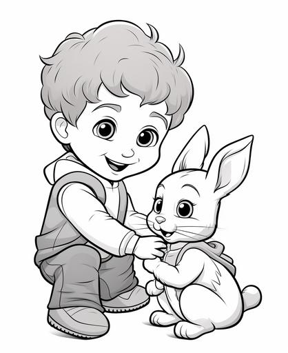 coloring page for kids, kid playing with bunny, white background, cartoon style, thick line, low detail, no shading --ar 9:11