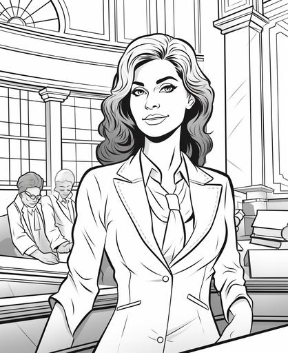 coloring page for kids, latina lawyer in court, cartoon style, thick lines, low detail, no shading --ar 9:11