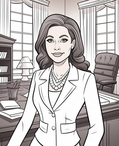 coloring page for kids, latina lawyer in court, cartoon style, thick lines, low detail, no shading --ar 9:11