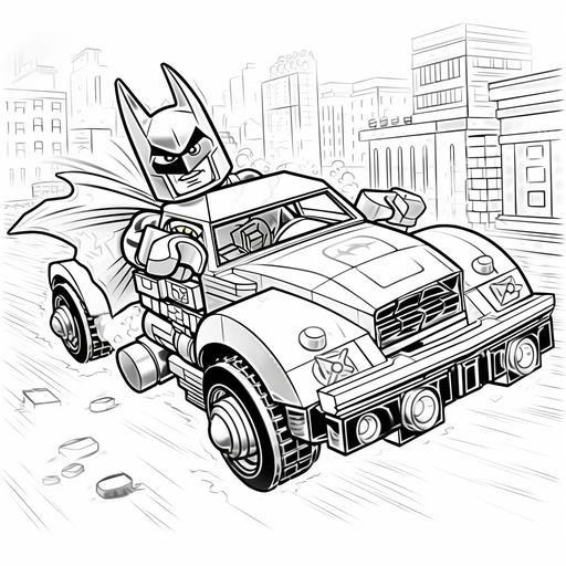coloring page for kids, lego batman car chasing bank robber's car, cartoon style, black and white, no shading, 9:11, thick pencil line,