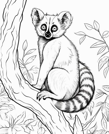 coloring page for kids, lemur, cartoon style, thick line, low detailm no shading --ar 9:11