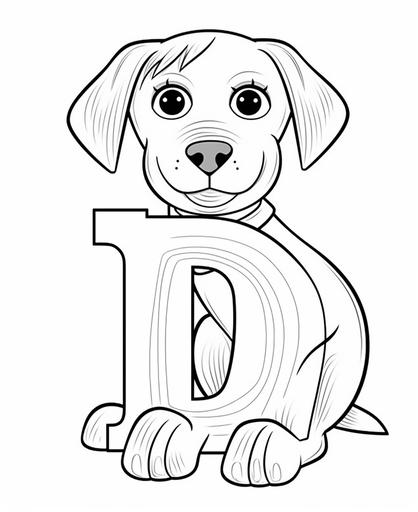 coloring page for kids, letter D, D for dog, cartoon style, thick lines, low detail, no shading, --ar 9:11 --v 5