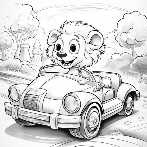 coloring page for kids, lion driving a car, cartoon style, thick lines, low detail, no shading ar 9:11