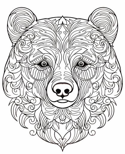 coloring page for kids, mandala bear face, cartoon style, thick lines, low detail, no shading --ar 9:11