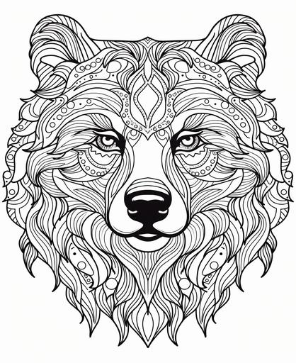 coloring page for kids, mandala bear face, cartoon style, thick lines, low detail, no shading --ar 9:11