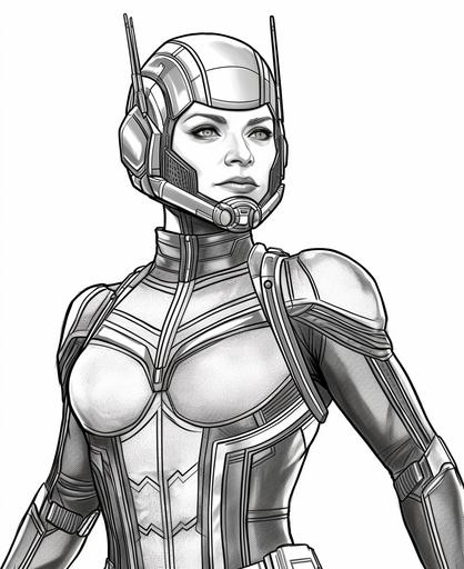 coloring page for kids, marvel cinematic universe avengers evangeline lilly as wasp, simple, cartoon style, thick lines, low detail, no shading --ar 9:11