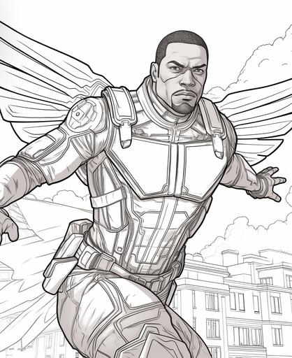 coloring page for kids, marvel cinematic universe anthony mackie as falcon flying , simple, cartoon style, thick lines, low detail, no shading --ar 9:11