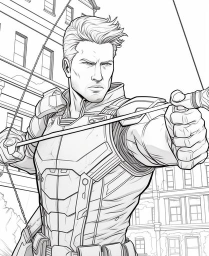 coloring page for kids, marvel cinematic universe clint barton with bow and arrow, cartoon style, thick lines, low detail, no shading --ar 9:11