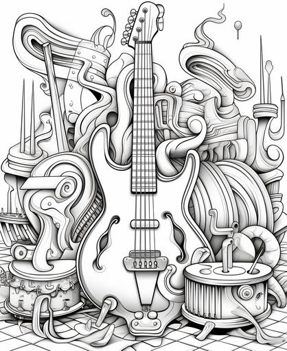 coloring page for kids, musical instruments on jupiter, cartoon style, thick lines, low detail, no shading, --ar 9:11