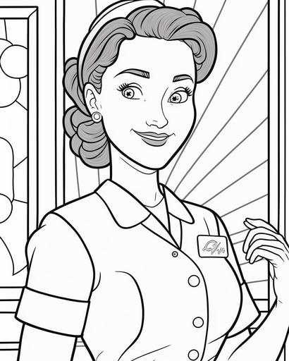 coloring page for kids, nurse, cartoon style, low detail, medium lines, no shading --ar 9:11