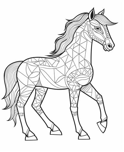 coloring page for kids of a horse origami adorned with intricate patterns, drawn origami style, thick lines, no shading, white and black color scheme, simple background --ar 9:11