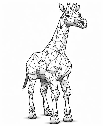 coloring page for kids of a majestic giraffe origami, with intricate origami patterns, drawn origami style, thick lines, no shading, white and black color scheme, simple background --ar 9:11