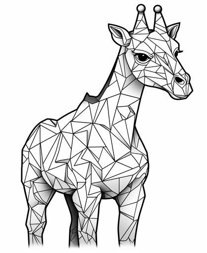 coloring page for kids of a majestic giraffe origami, with intricate origami patterns, drawn origami style, thick lines, no shading, white and black color scheme, simple background --ar 9:11