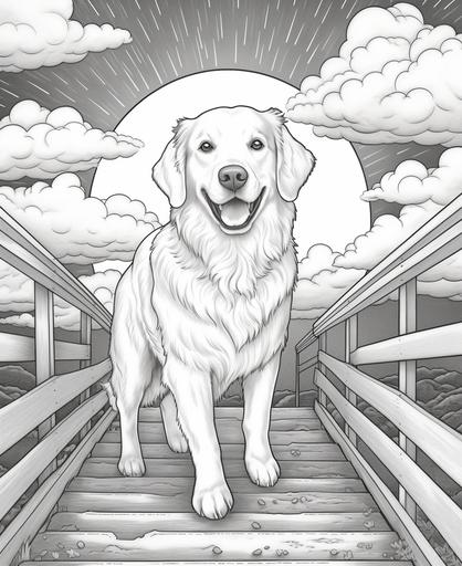 coloring page for kids, older golden retriever going across the rainbow bridge, cartoon style, thick lines, low detail, no shading, no fill --ar 9:11