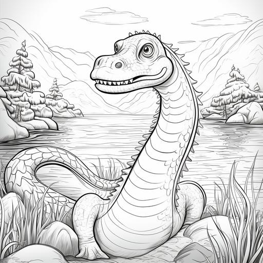 coloring page for kids, only line work, Loch Ness Monster, cartoon style, thick lines, low detail, no shading ar 9:11