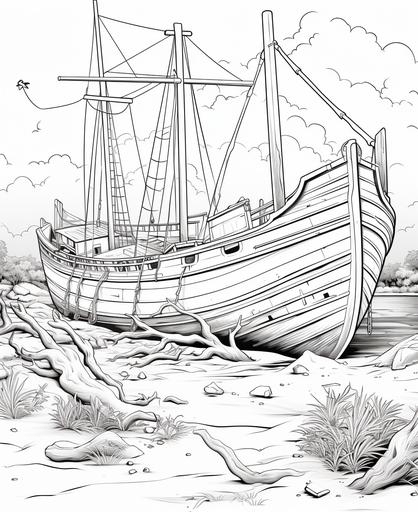 coloring page for kids, page of an abandoned shipwreck on a deserted island, cartoon style, thick lines, low detail, no shading --ar 9:11