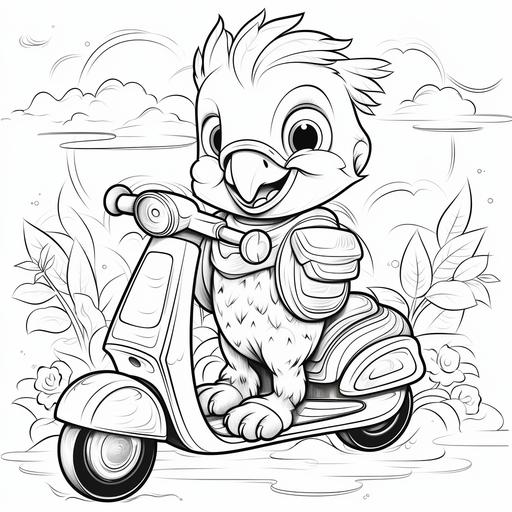 coloring page for kids, parrot on vespa , clouds and nice nature, less cartoon style,thick lines,low details,no shading