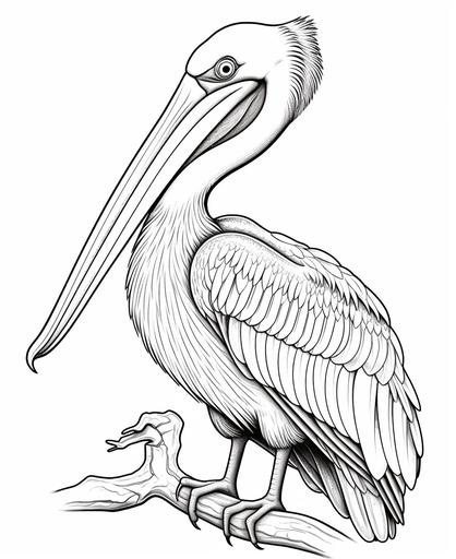 coloring page for kids, pelican, cartoon style, white background, clean line art, fine line art, thick lines, very low detail, no shading --ar 9:11