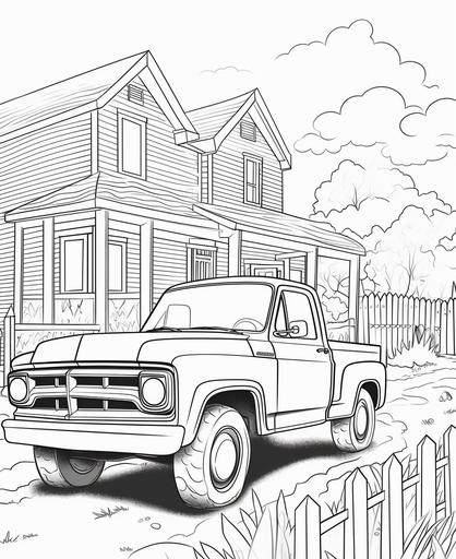 coloring page for kids, pick up truck, cartoon style, thick line, low detail, no shading --ar 9:11