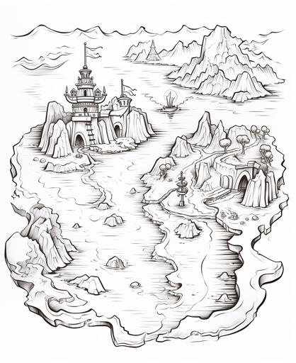 coloring page for kids, picture of a treasure map, cartoon style, thick lines, low detail, no shading, --ar 9:11