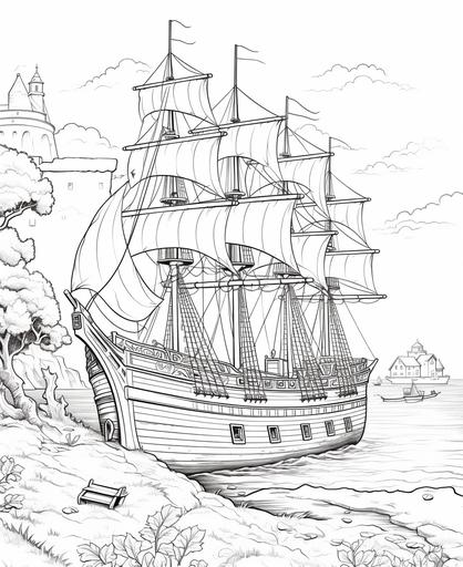 coloring page for kids pirate ship leaving the harbour on a an island,cartoon style, thick lines, low detail, no shading --ar 9:11