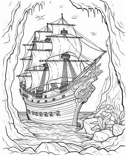 coloring page for kids pirates on a ship or in a treasure cave ,cartoon style, thick lines, low detail, no shading --ar 9:11