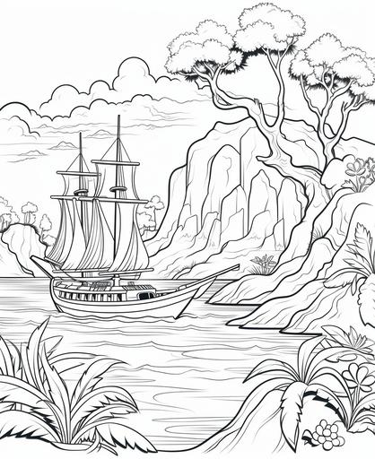 coloring page for kids, pirates rowing small boats towards a hidden island, cartoon style, thick lines, low detail, no shading, --ar 9:11