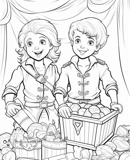 coloring page for kids, pirates with a treasure chest,cartoon style, thick lines, low detail, no shading, --ar 9:11