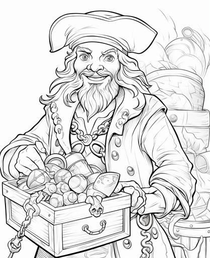 coloring page for kids, pirates with a treasure chest,cartoon style, thick lines, low detail, no shading, --ar 9:11