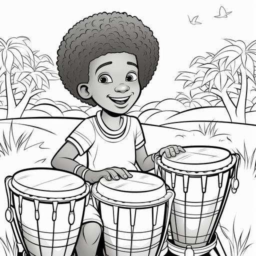 coloring page for kids, playing african drums, cartoon style, thick lines, low detail, no shading ar 9:11