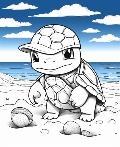 coloring page for kids pokeman at beach with shells , cartoon style , thick lines , no shading --ar 9:11