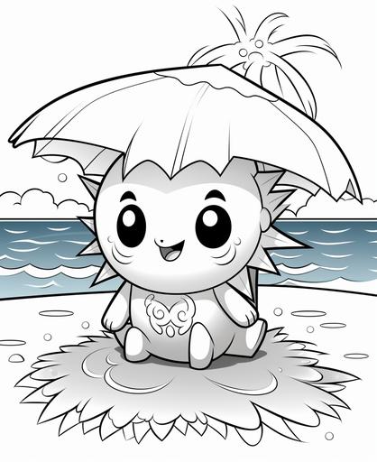 coloring page for kids, pokeman beach blanket sun hot, cartoon style, thick lines, no shading, --ar 9:11