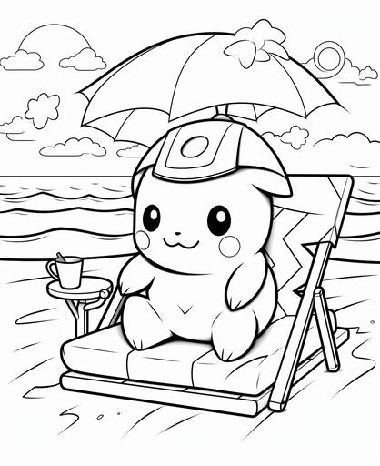 coloring page for kids, pokeman beach blanket sun hot, cartoon style, thick lines, no shading, --ar 9:11