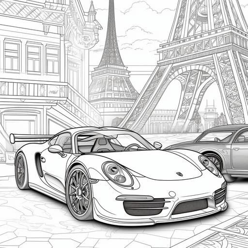 coloring page for kids, porsche and ferrari car in a garage close to Eiffel tower, cartoon style, thick lines, low detail, no shading