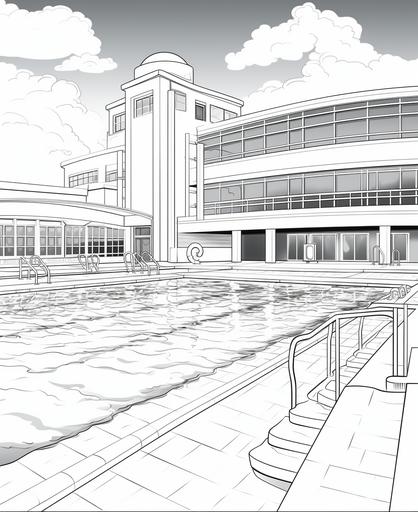 coloring page for kids, public swimming pool in summer, cartoon style, thick lines, low detail, no shading --ar 9:11