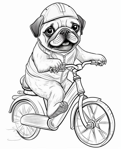 coloring page for kids, pug puppie dog riding a bike, anime style, thick lines, low detail, no shading, --ar 9:11
