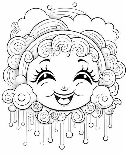 coloring page for kids, rainbows and bubbles, cartoon style, thick lines, no shadowing, --ar 9:11